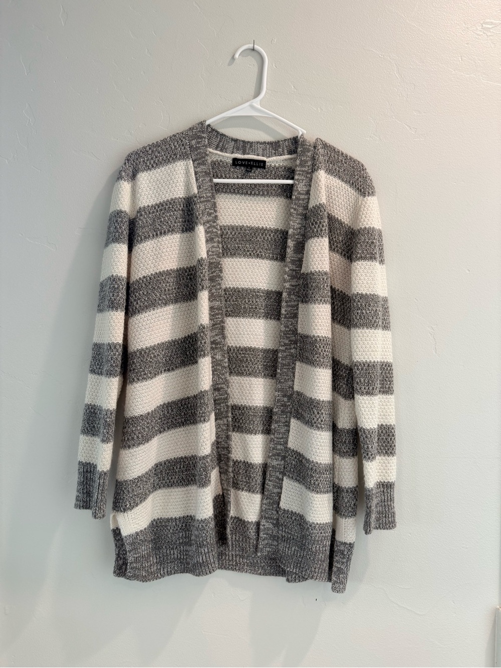 Lovestitch Open-Front Striped Cardigan in Gray and Cream